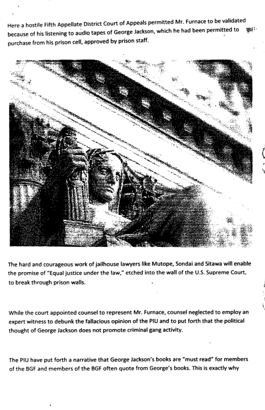 ere a hostle Fifth Appellate District Court of Appeals permitted Mr. Furnace to be validated because of his listening to audio tapes of George Jackson, which he had been permitted to i’  purchase from his prison cell, approved by prison staff.  The hard and courageous work of jailhouse lawyers ike Mutope, Sondai and Sitawa will enable the promise of “Equal justice under the law,” etched into the wall of the U.S. Supreme Court, to break through prison walks.  While the court appointed counsel to represent M. Funace, counsel neglected to employ an expert witness to debunk the fallacious opinion of the PIU and to put forth that the political thought of George Jackson does not promote criminal gang activity.  The PIU have put forth a narrative that George Jackson’s books are “must read” for members of the BGF and members of the BGF often quote from George’s books. Ths s exactly why 